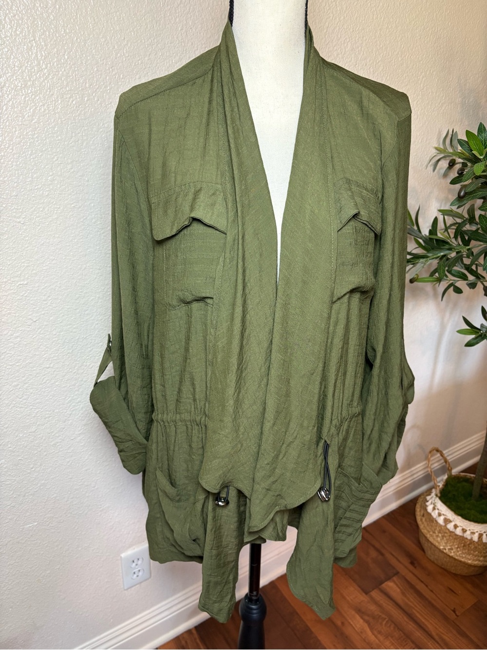 Olive Green draped open-front utility jacket